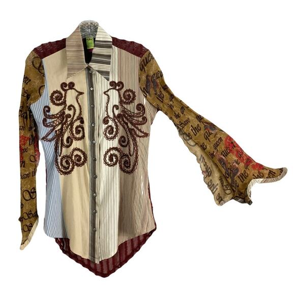 Save The Queen Tops - SAVE THE QUEEN Top M ITALY Appliqué-Peacock-Ruffle-Glitter Graphic Mixed-Media